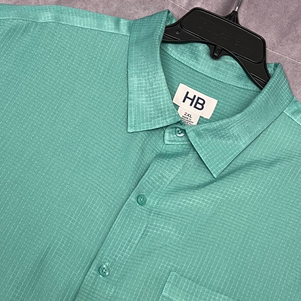 HB Button Down Shirt Mens 2XL Seafoam Green Good Textured Grid Short Sleeve‎